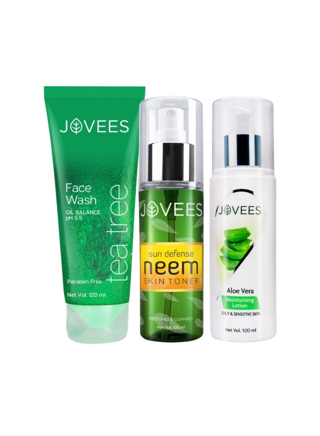 Jovees  Oily Skin Routine Tea-Tree Face Wash 120ml & Neem Toner 100ml and Aloe Vera Moisturising Lotion 100ml (Set of 3) - Image 1